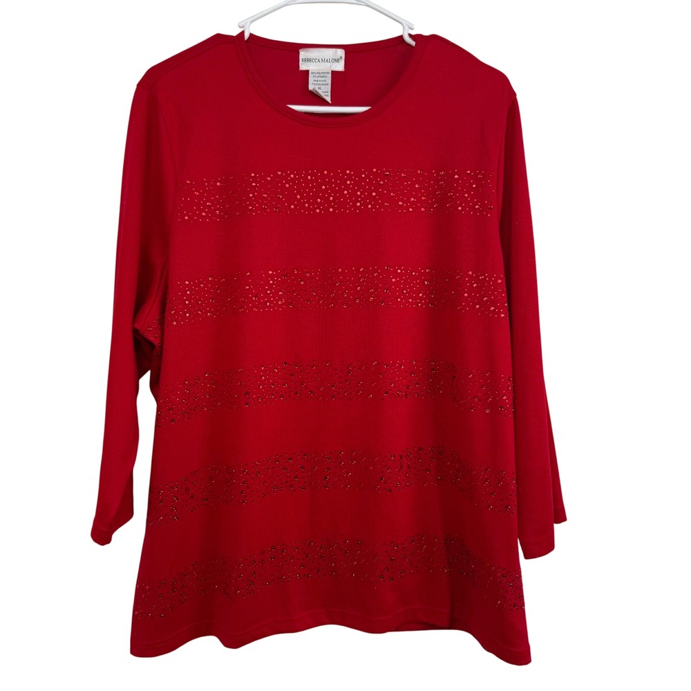 Rebecca Malone Red Long Sleeve Beaded Sparkle Top Blouse Women's XL
